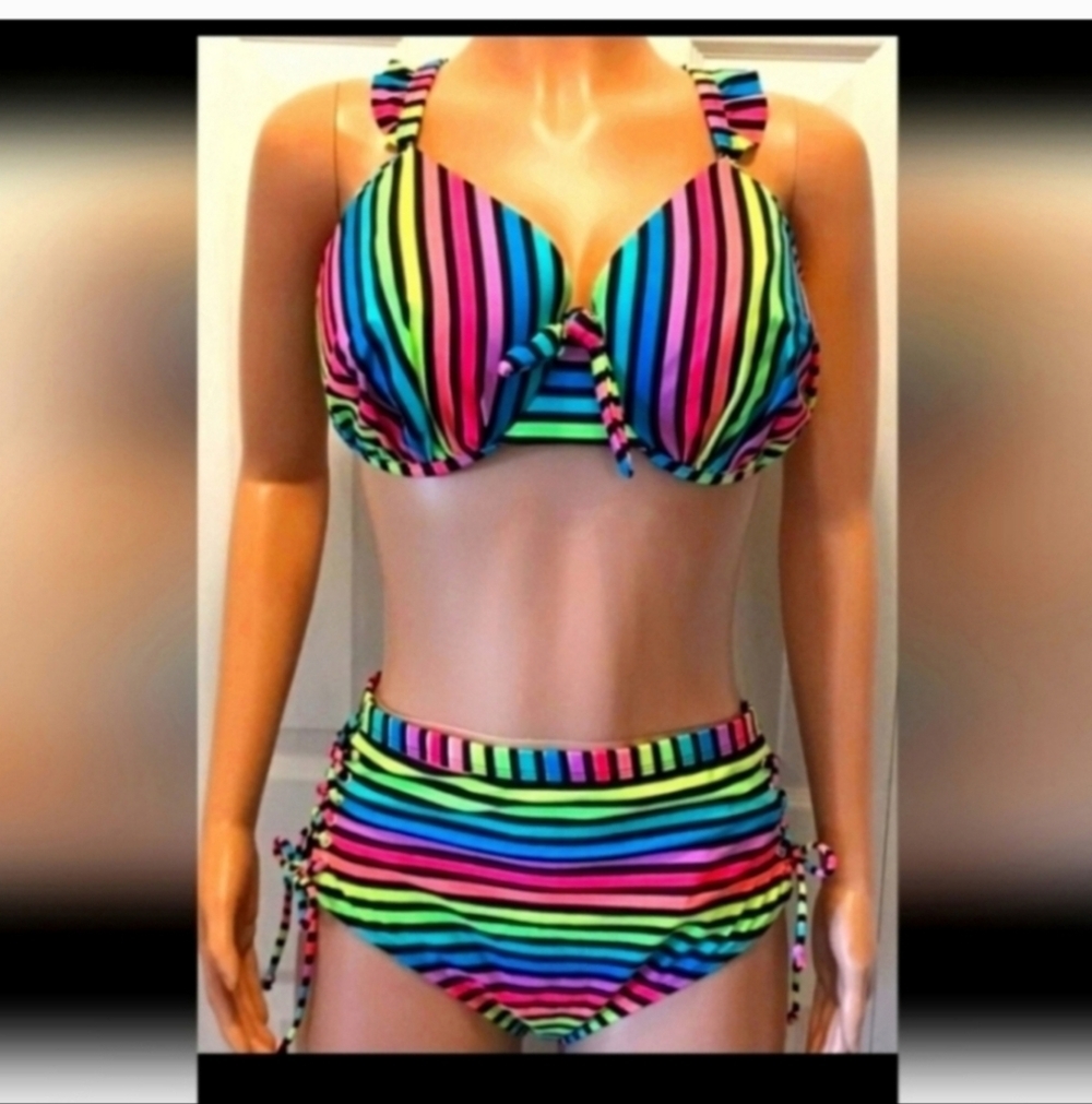 ASOS Curve Multicolor Rainbow Stripe High-Waist Bikini